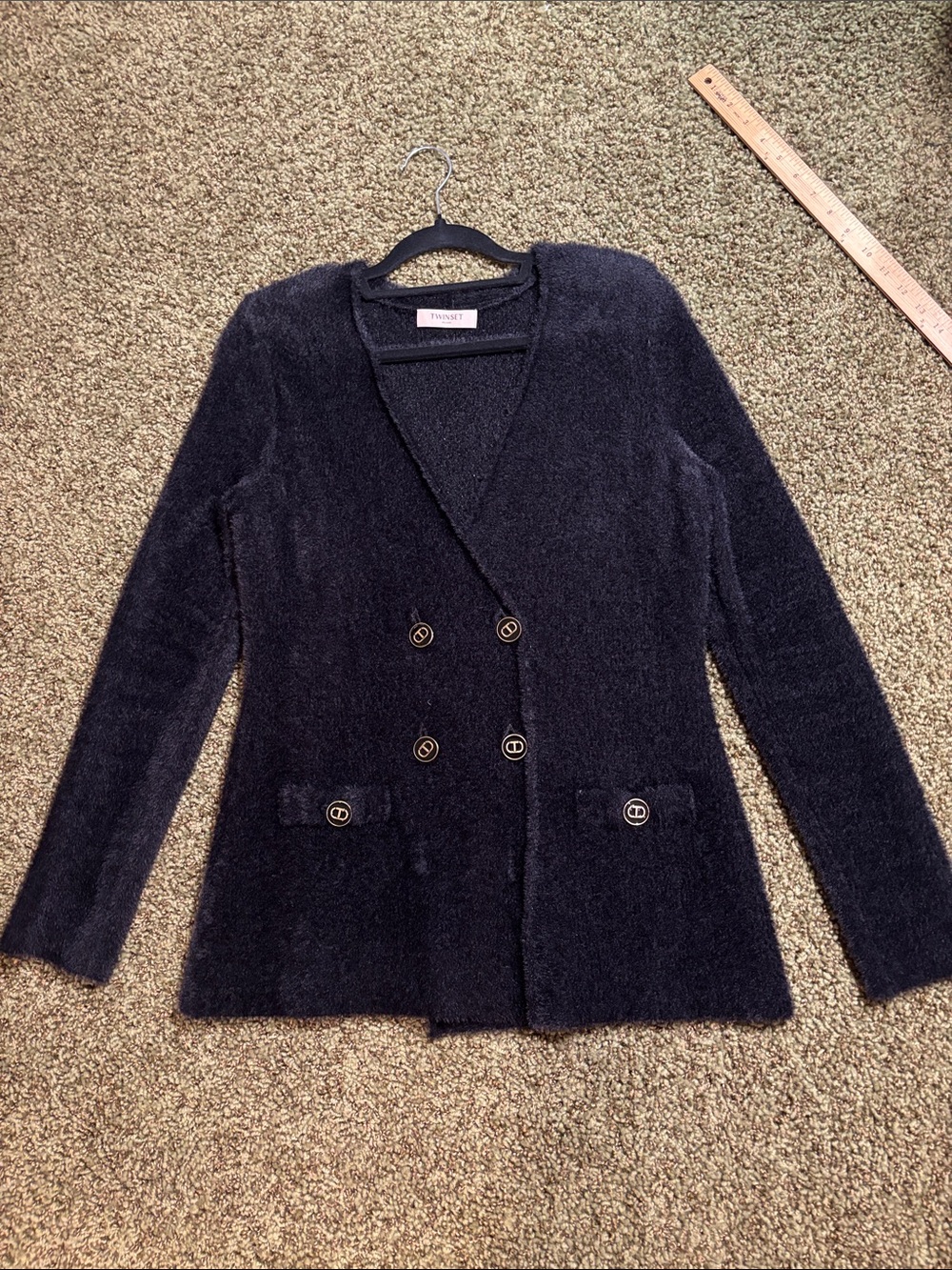 Twin-Set Navy Double-Breasted Fuzzy Knit Blazer